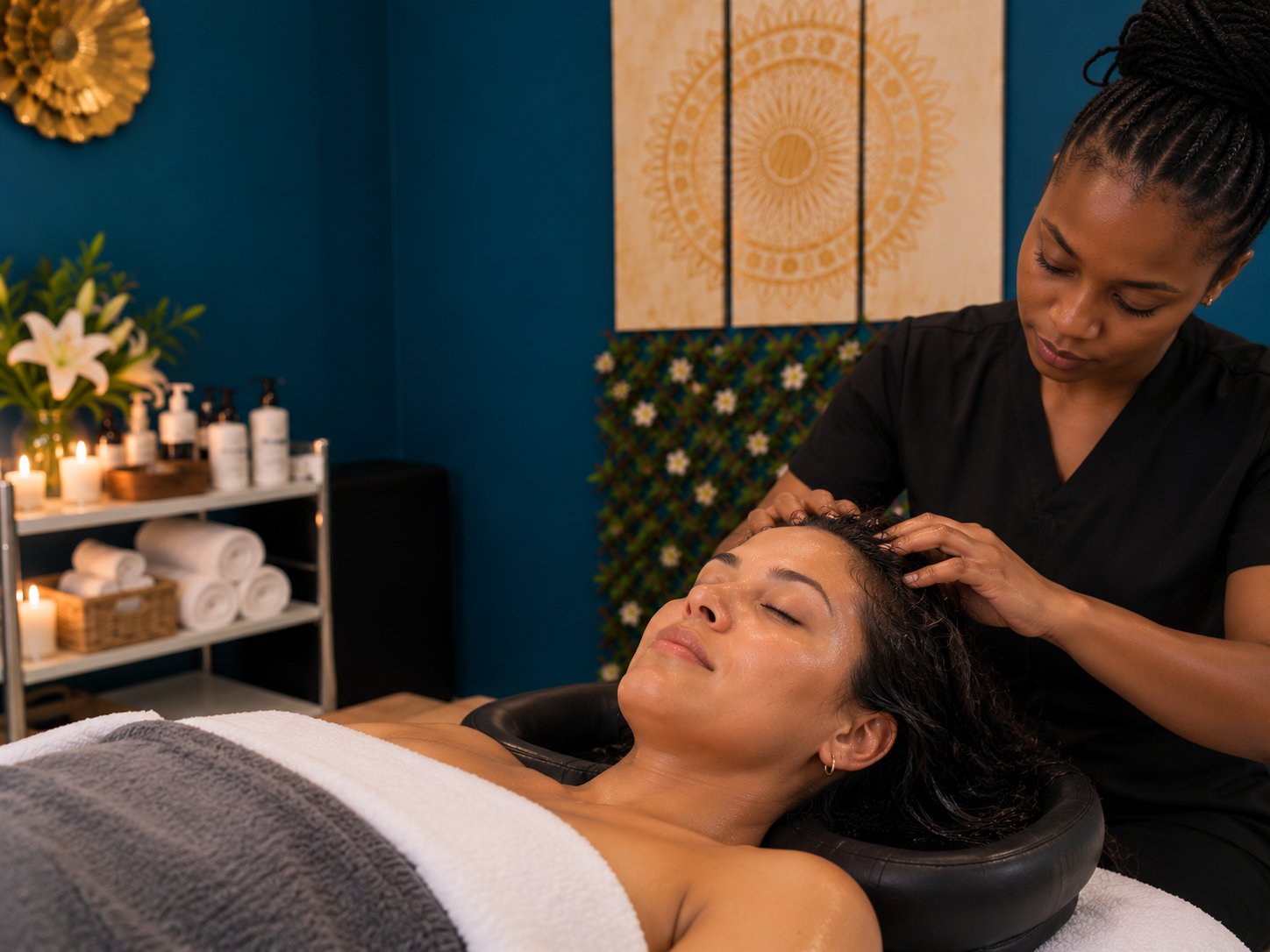 A therapist gently massaging a guest?s scalp