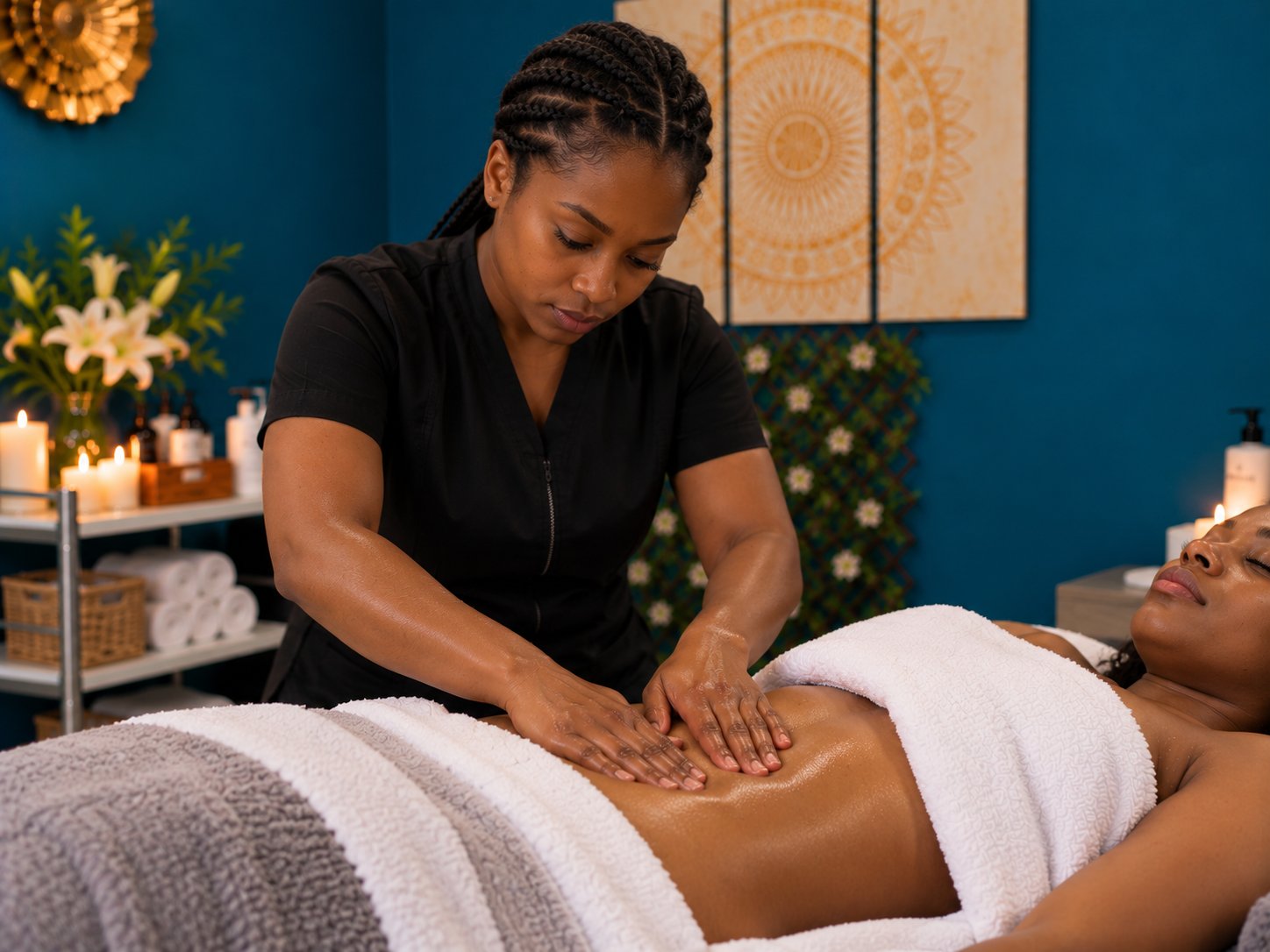 A therapist gently massaging a guest?s abdomen