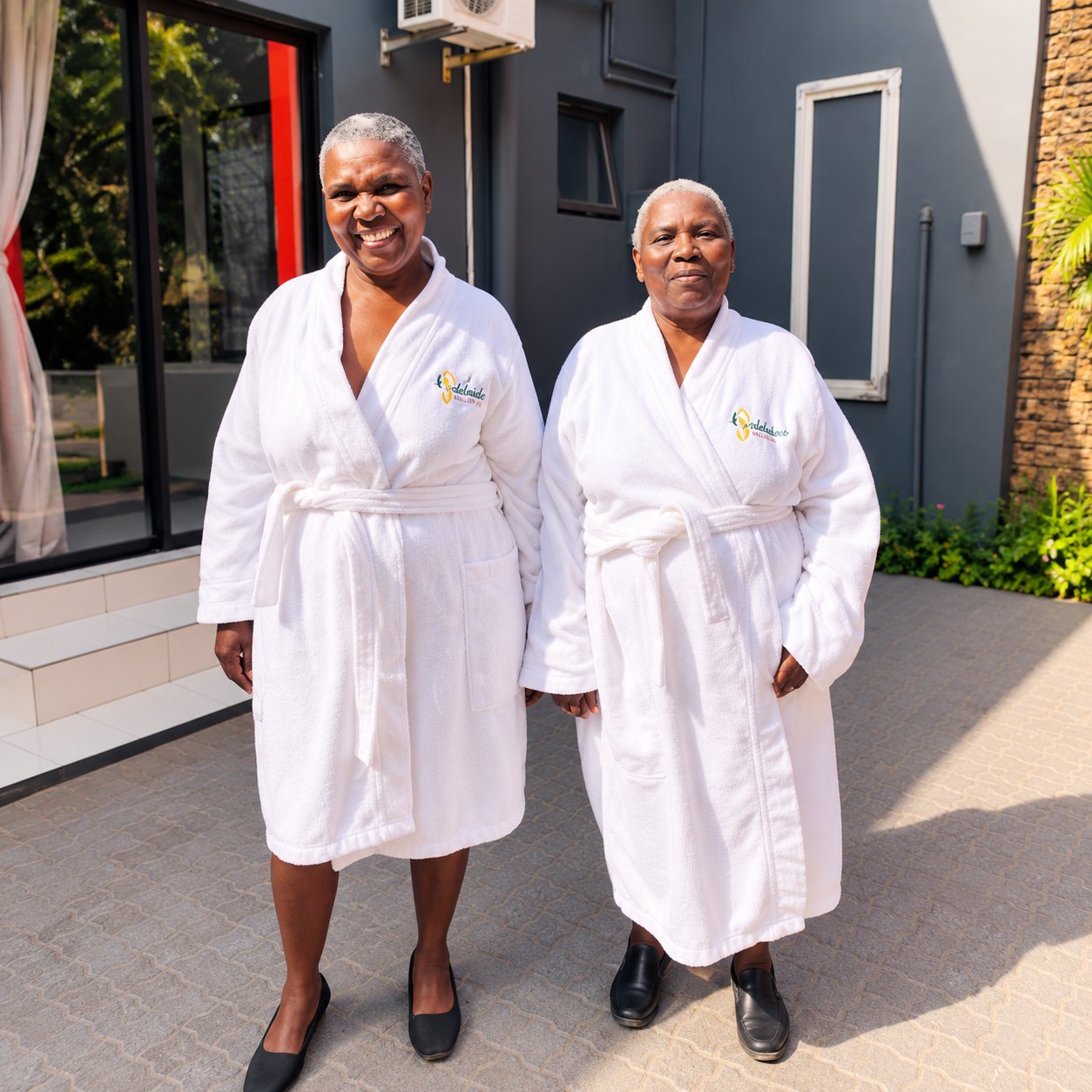 Two guests smiling together outside the spa
