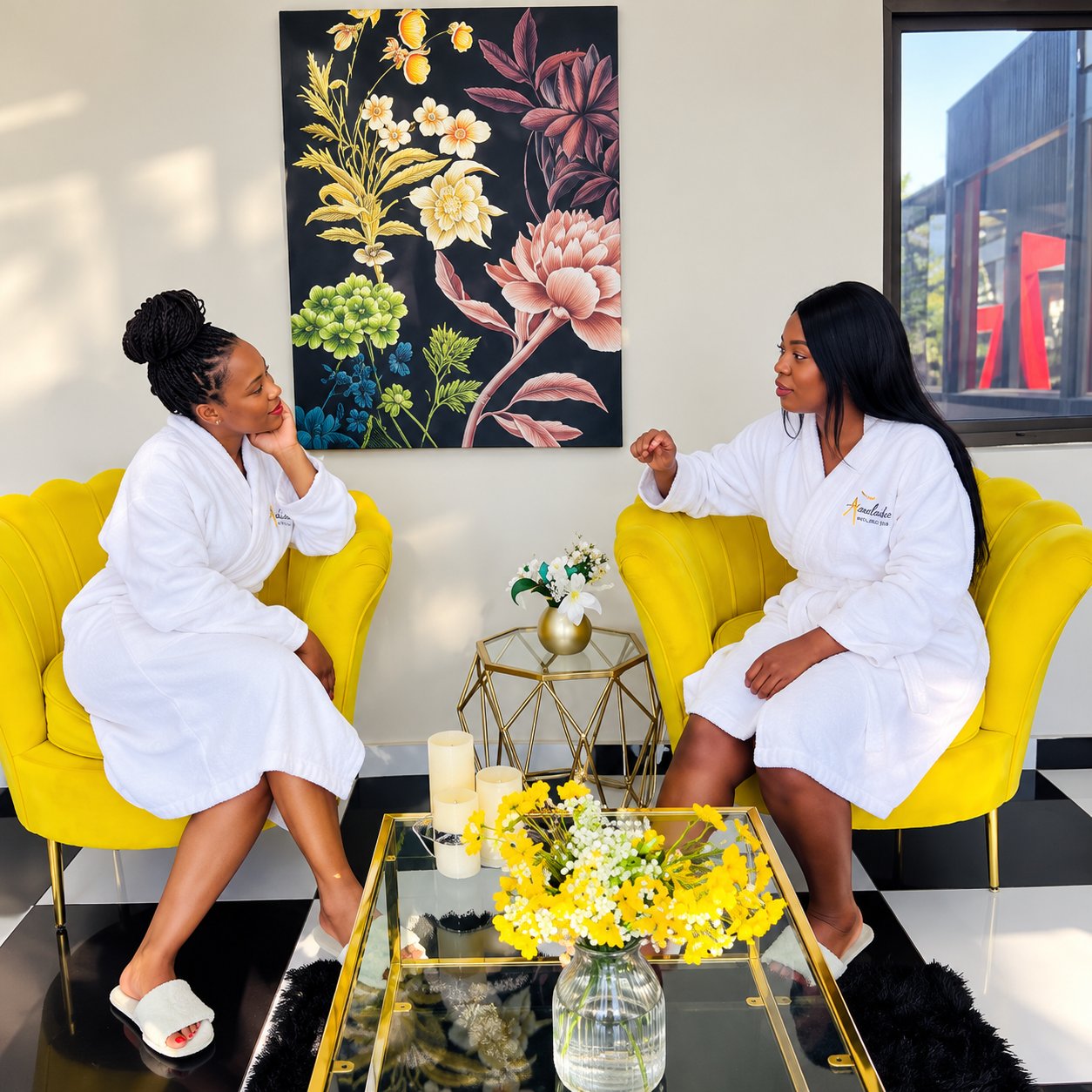 Guests chatting in the lounge?s yellow chairs