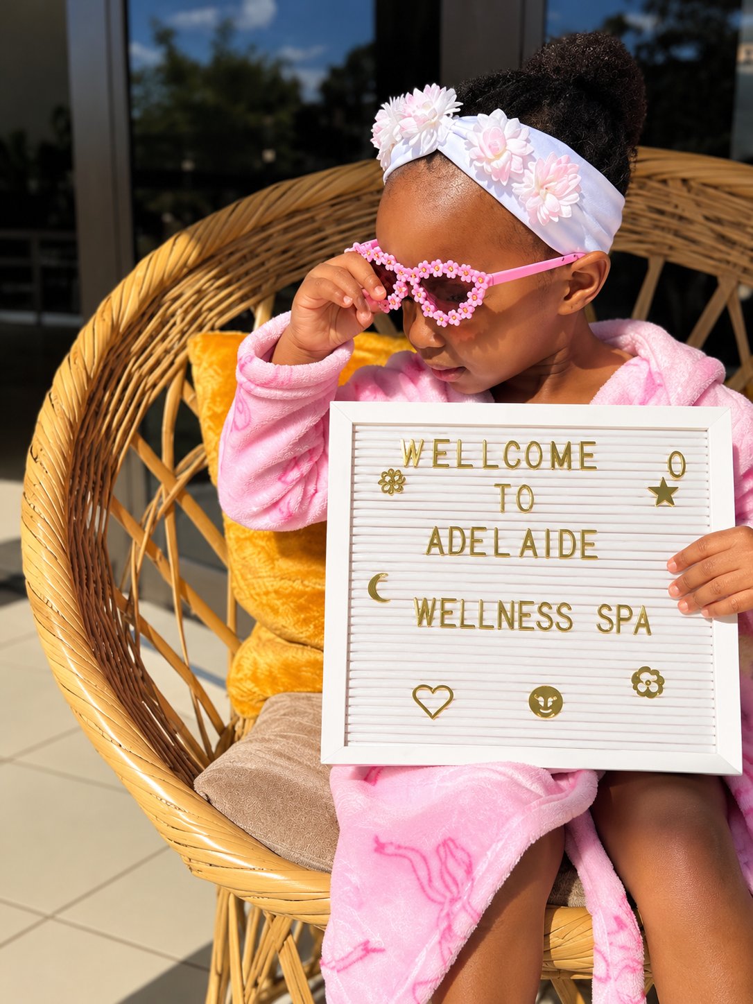 A young guest holding the Adelaide Wellness Spa welcome sign