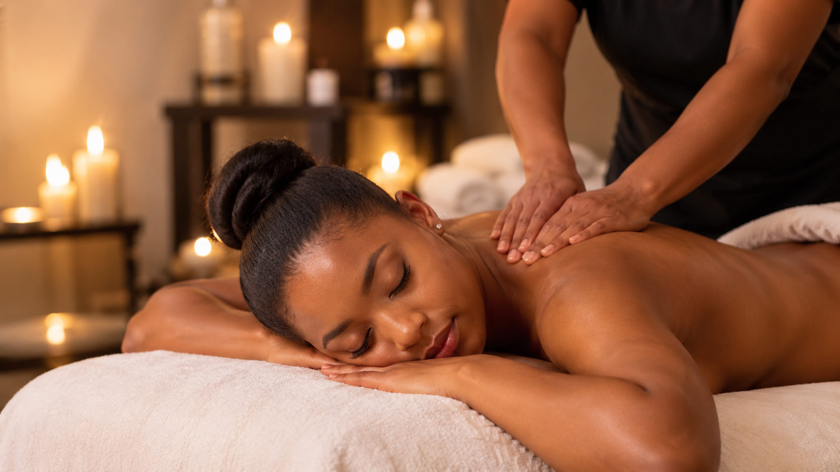 A relaxing massage in a warm, candlelit spa